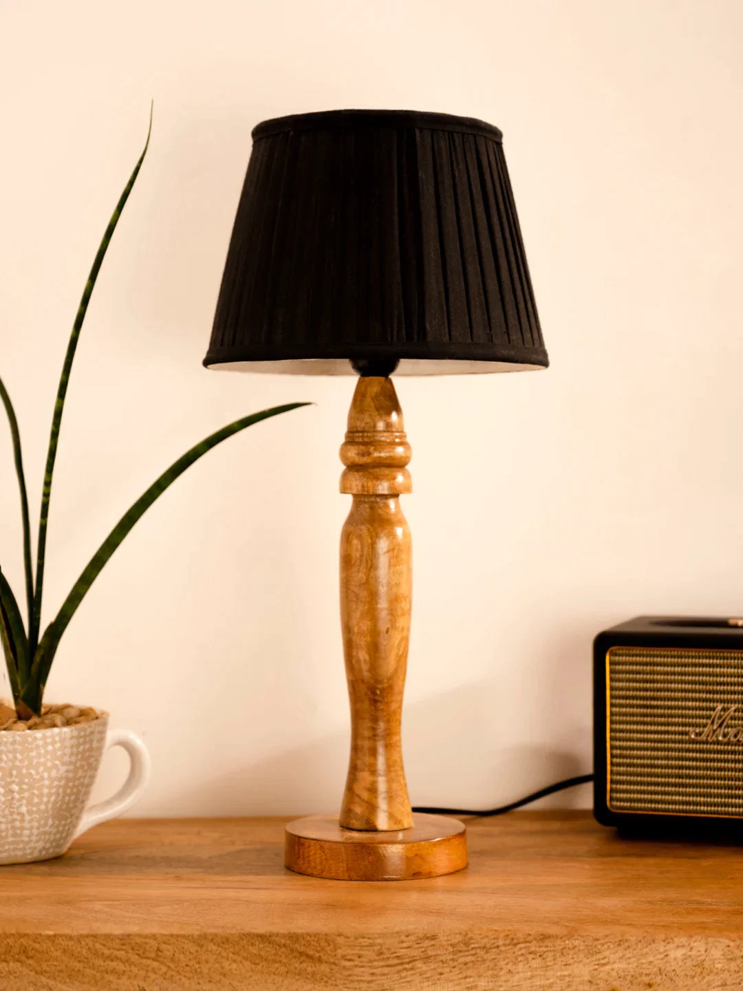 Wooden Round Brown Lamp with pleeted Black Taper soft Shade