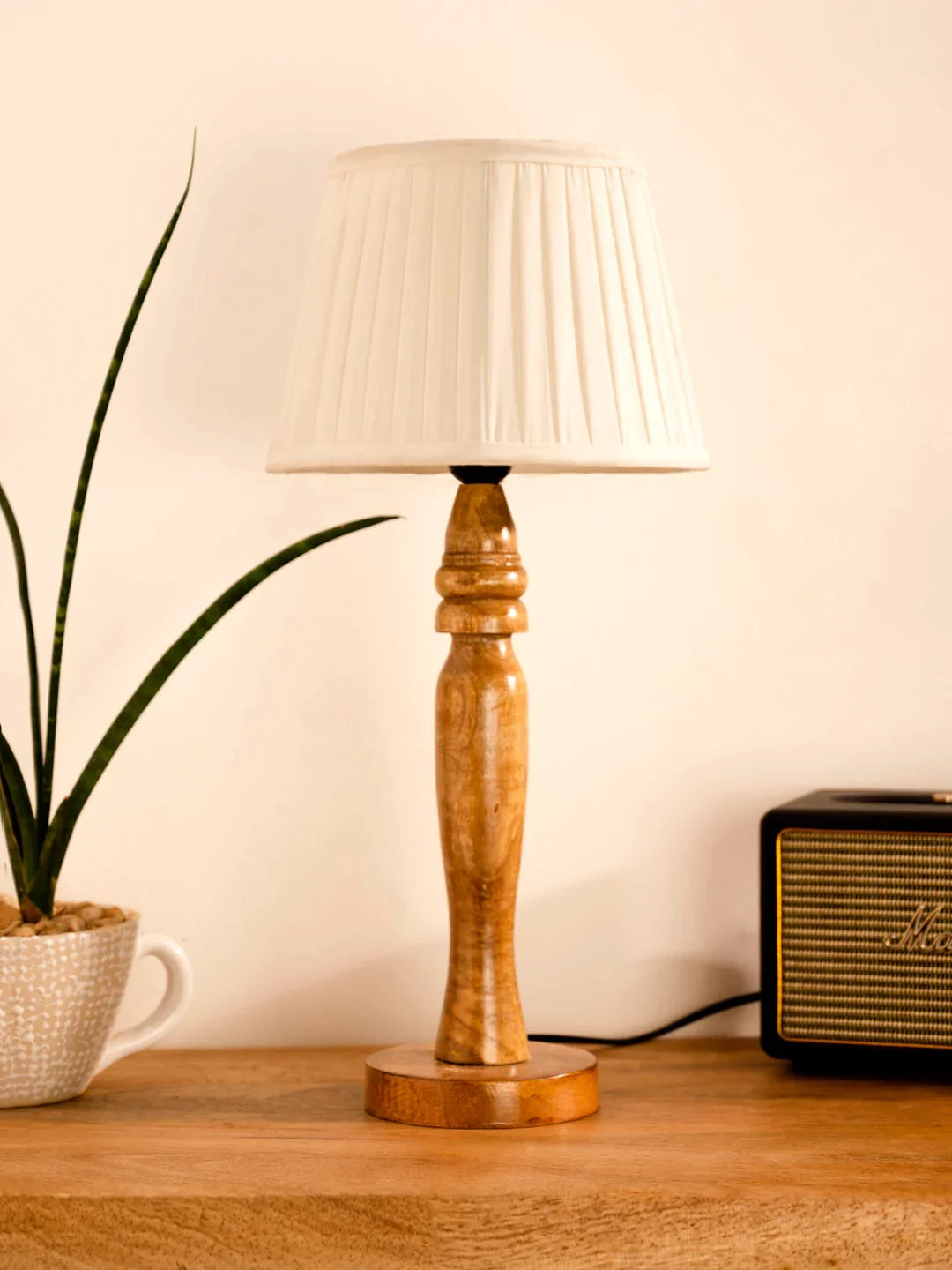 Wooden Round Brown Lamp with pleeted White Taper soft Shade