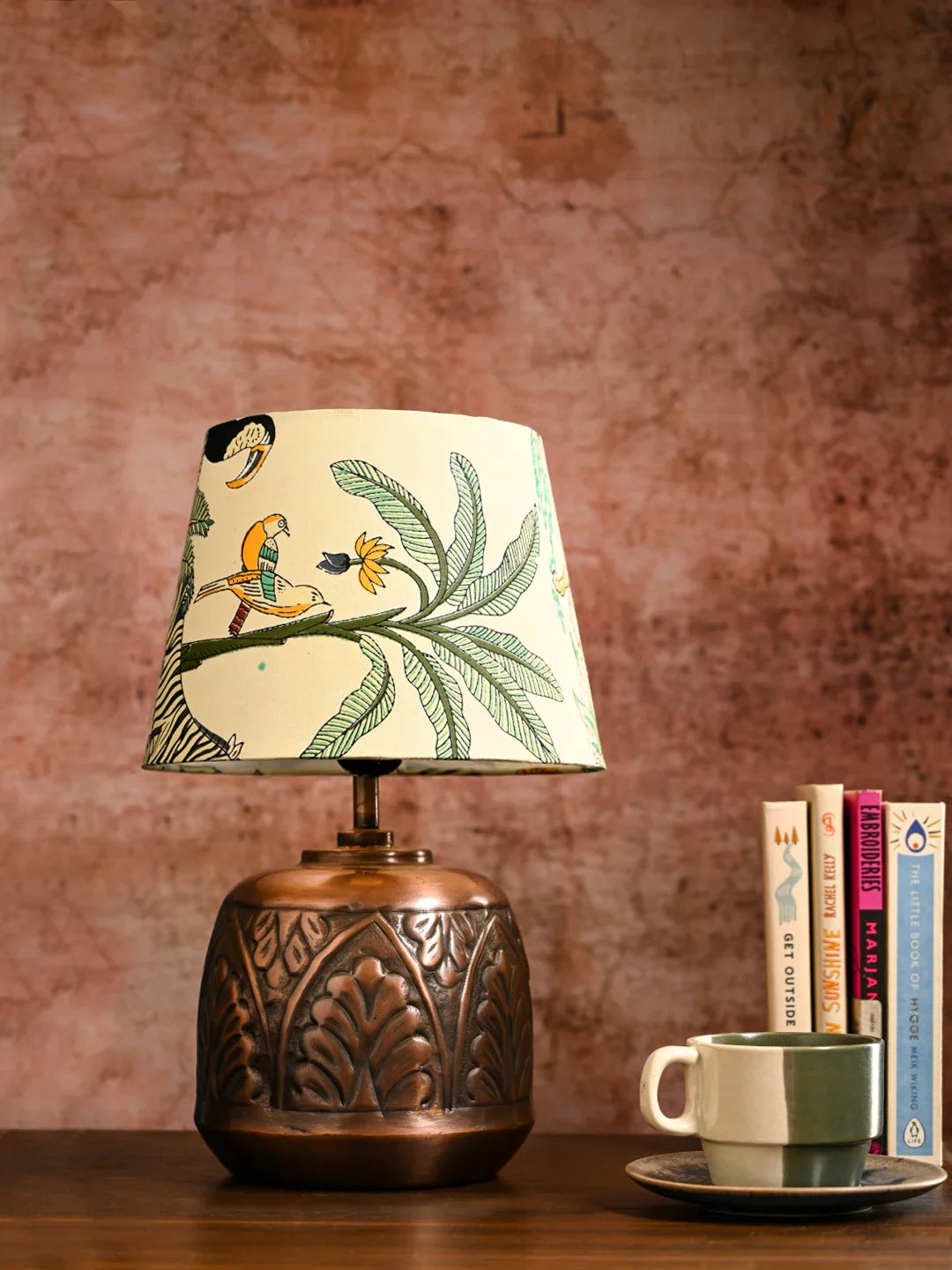 Copper Leaf Etched Pot Lamp with Multicolor Taper Green Shade