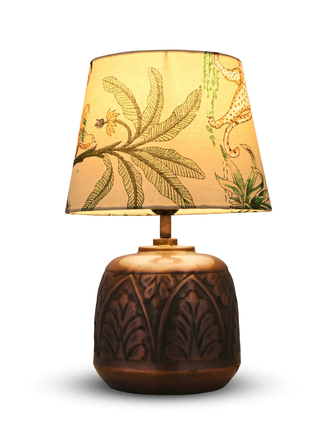 Copper Leaf Etched Pot Lamp with Multicolor Taper Green Shade