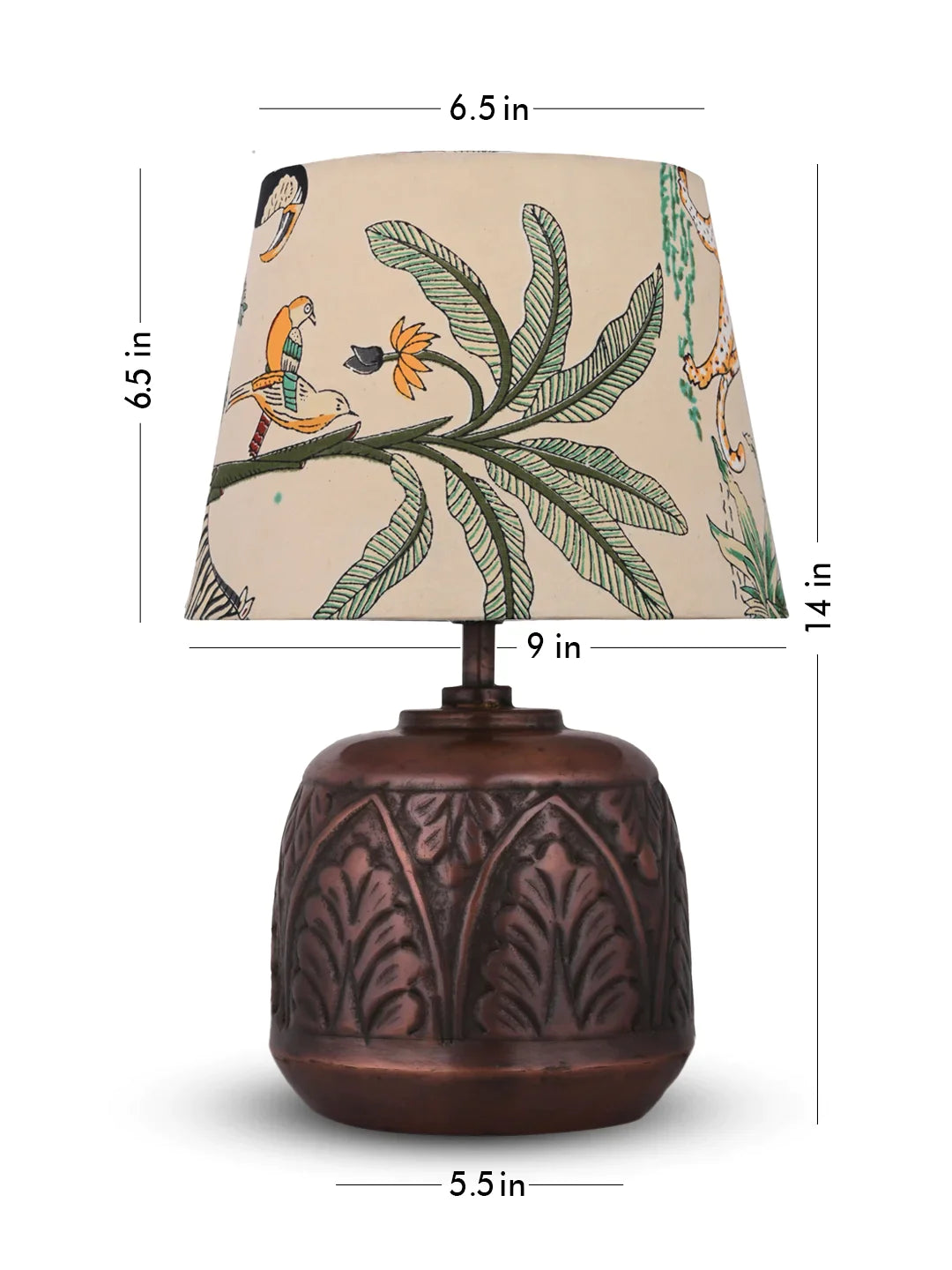 Copper Leaf Etched Pot Lamp with Multicolor Taper Green Shade