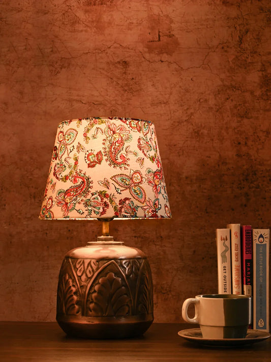 Copper Leaf Etched Pot Lamp with Multicolor Taper Red Shade