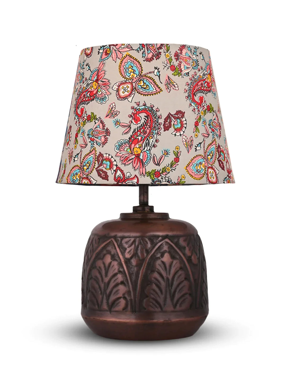 Copper Leaf Etched Pot Lamp with Multicolor Taper Red Shade