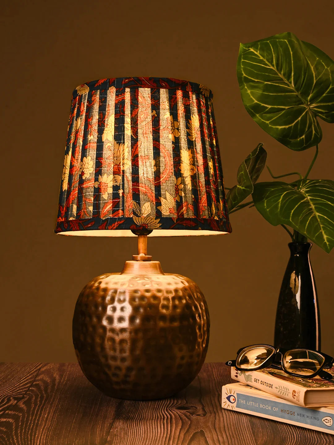 Copper Hammered Pot Lamp with Pleeted Multicolor Blue Shade