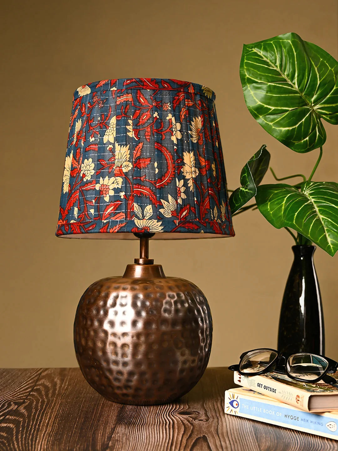 Copper Hammered Pot Lamp with Pleeted Multicolor Blue Shade