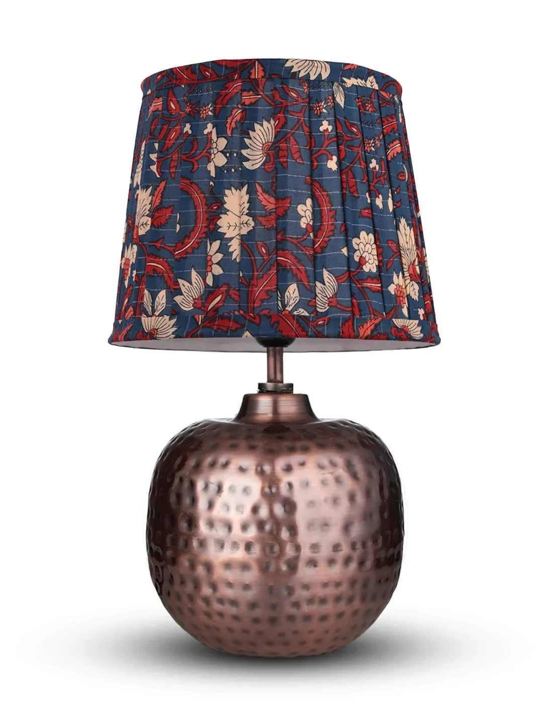 Copper Hammered Pot Lamp with Pleeted Multicolor Blue Shade