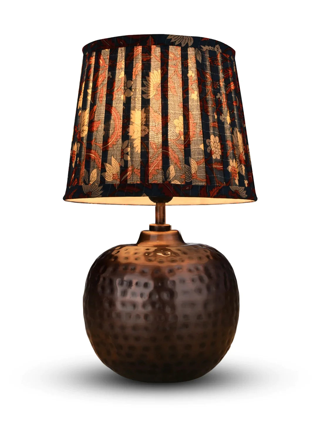 Copper Hammered Pot Lamp with Pleeted Multicolor Blue Shade
