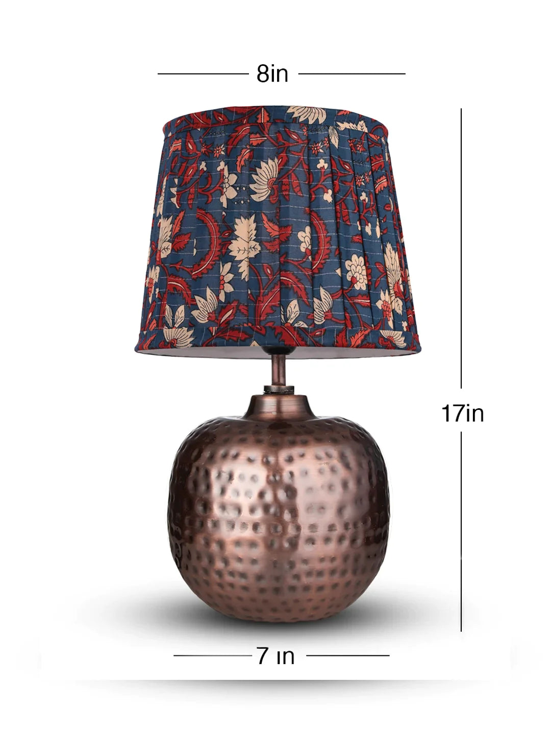 Copper Hammered Pot Lamp with Pleeted Multicolor Blue Shade