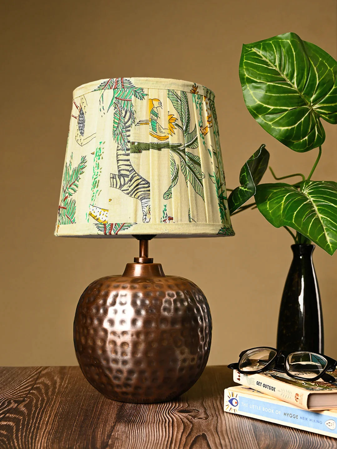 Copper Hammered Pot Lamp with Pleeted Multicolor Green Shade