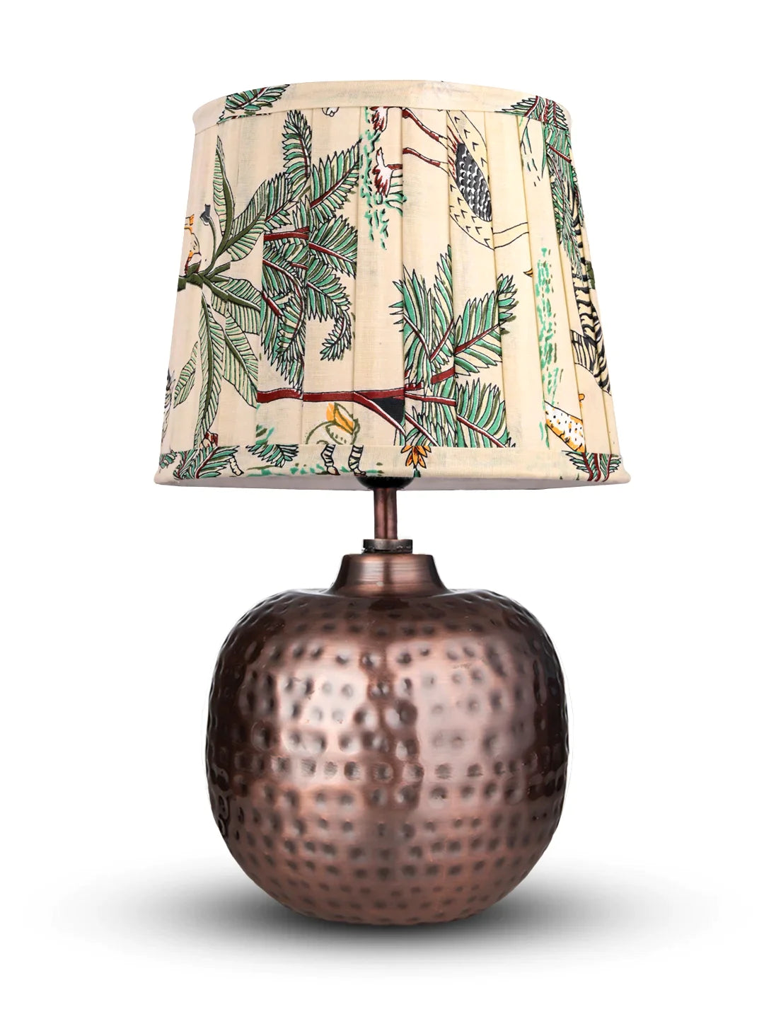 Copper Hammered Pot Lamp with Pleeted Multicolor Green Shade