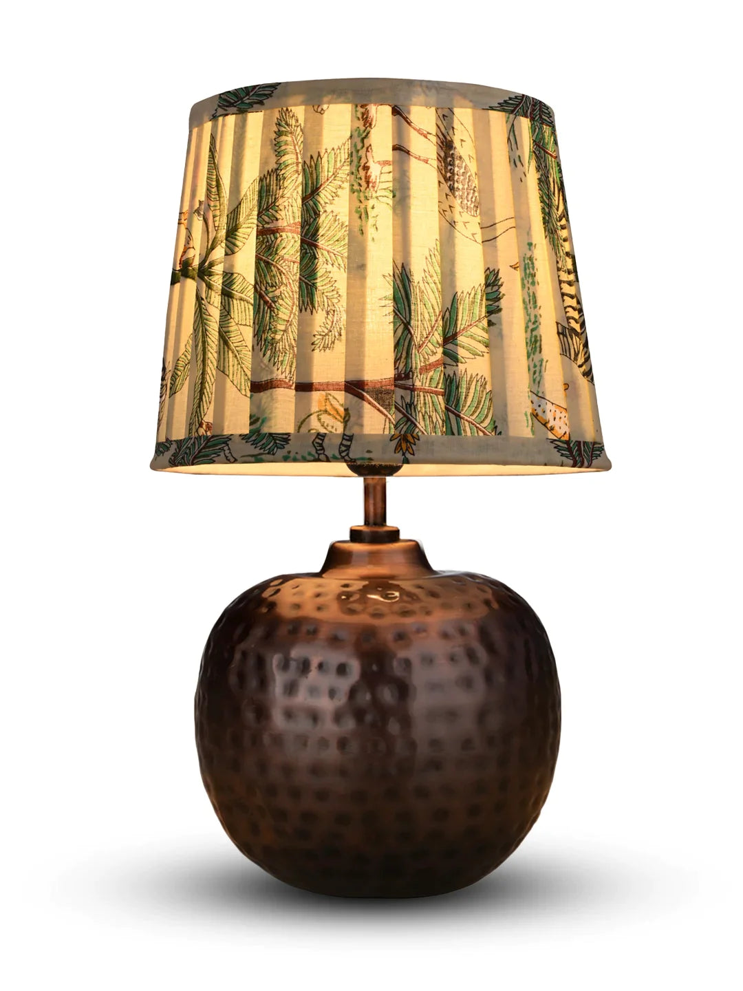 Copper Hammered Pot Lamp with Pleeted Multicolor Green Shade