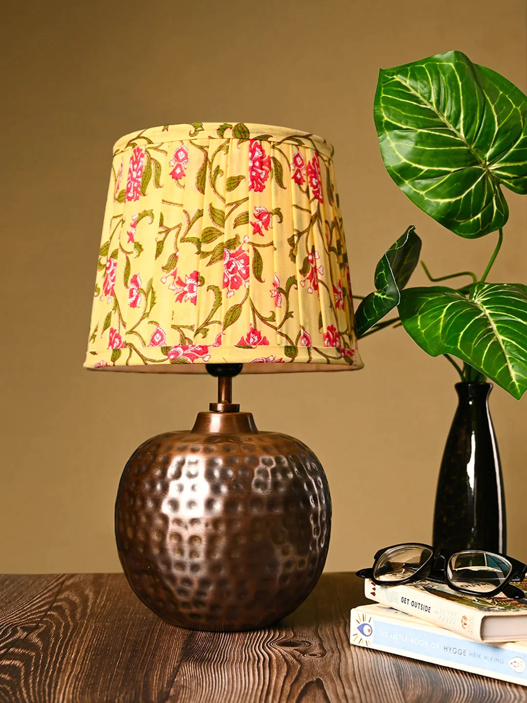 Copper Hammered Pot Lamp with Pleeted Multicolor Yellow Shade