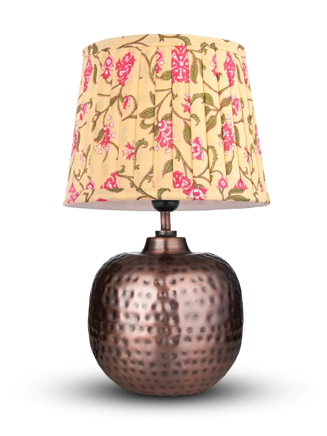 Copper Hammered Pot Lamp with Pleeted Multicolor Yellow Shade