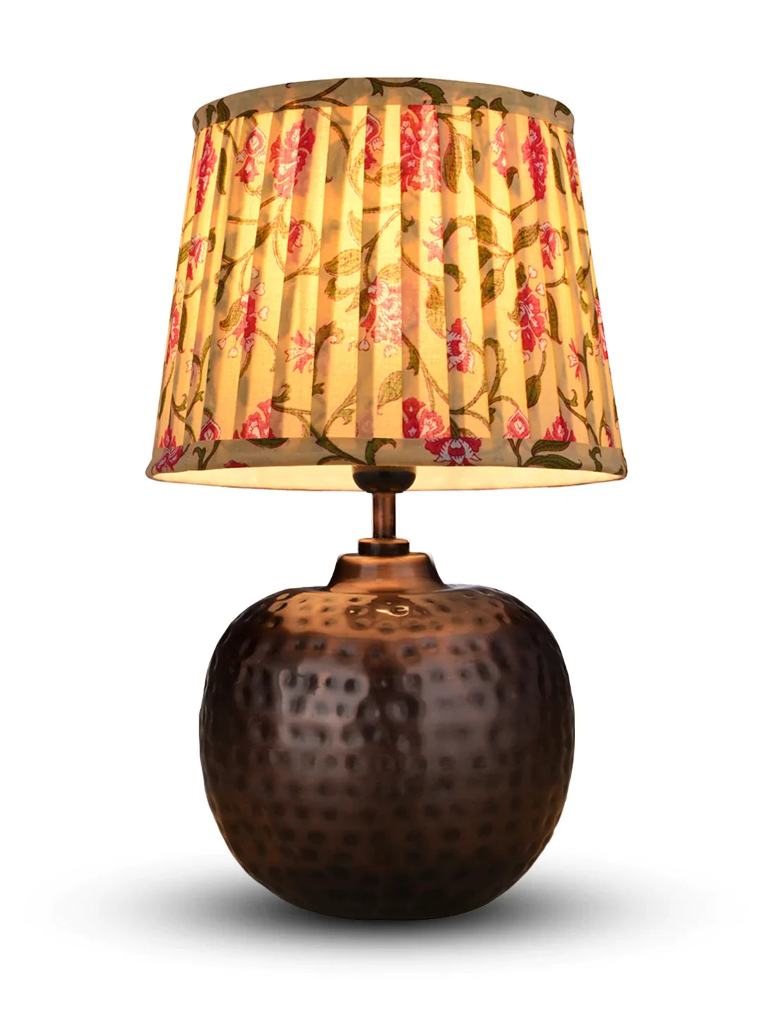 Copper Hammered Pot Lamp with Pleeted Multicolor Yellow Shade