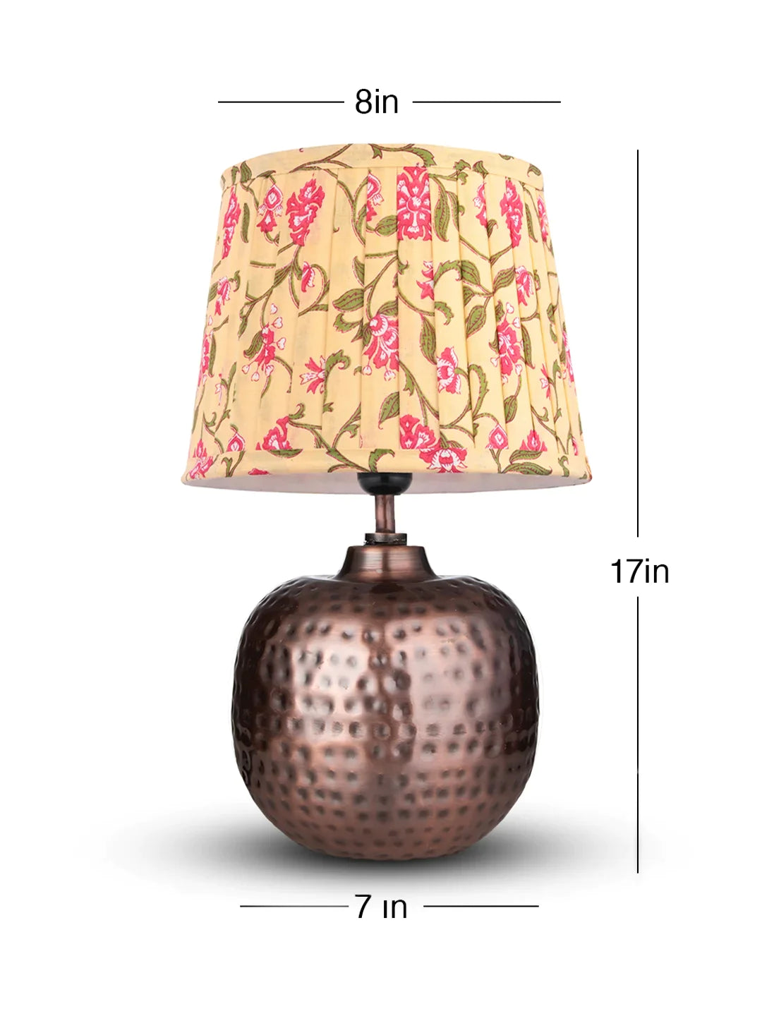 Copper Hammered Pot Lamp with Pleeted Multicolor Yellow Shade