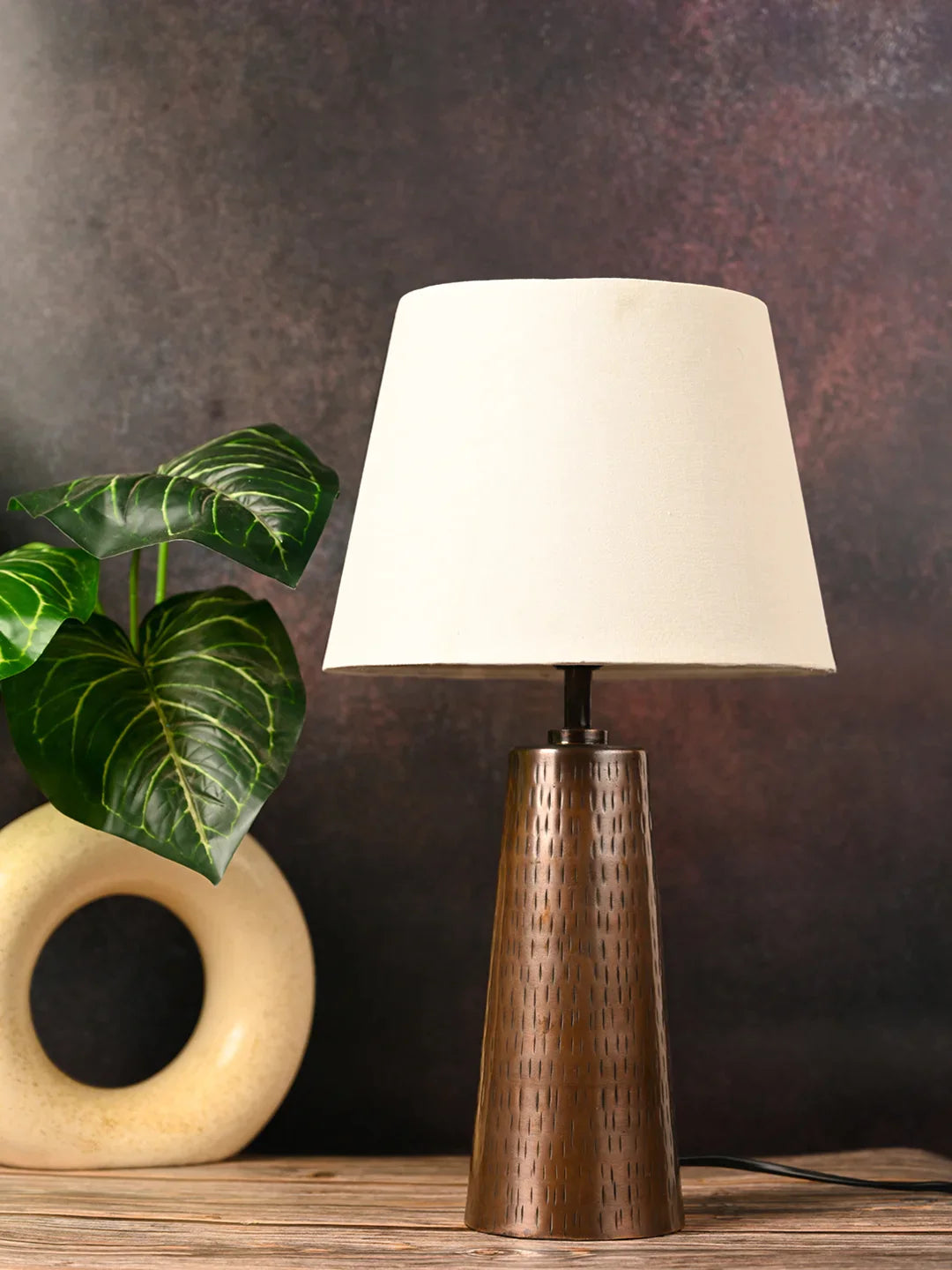 Copper Etched V-Shaped Lamp with Taper Solid White Shade