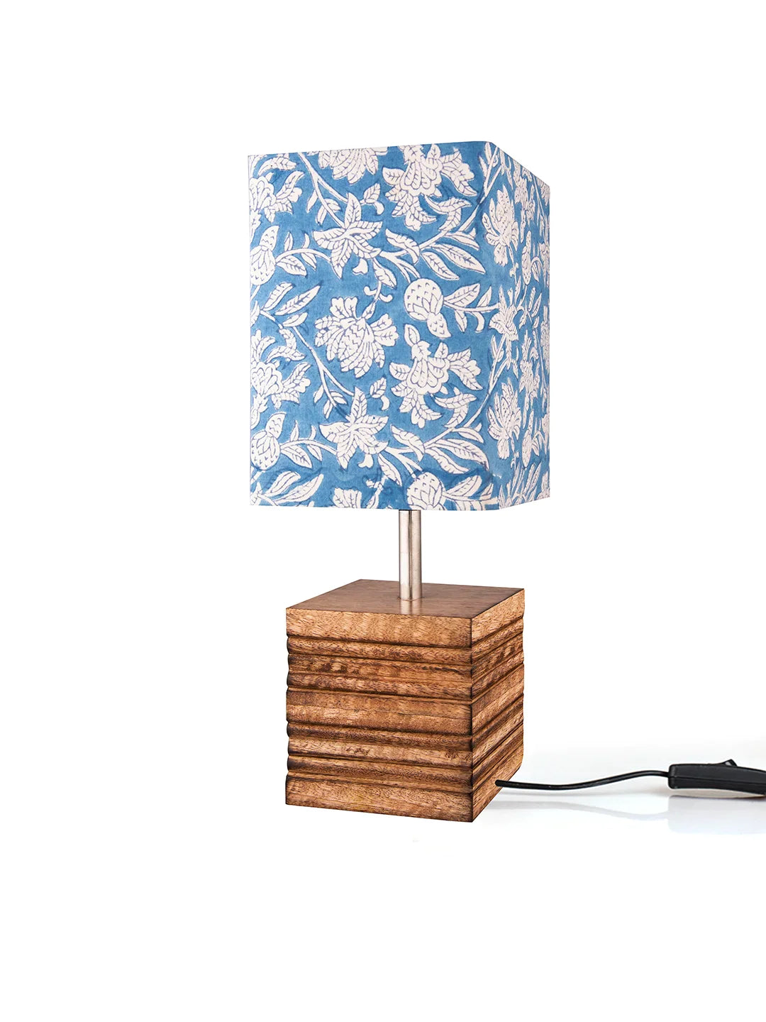 Wooden Stripped Cube Lamp with Colorful Blue Shade