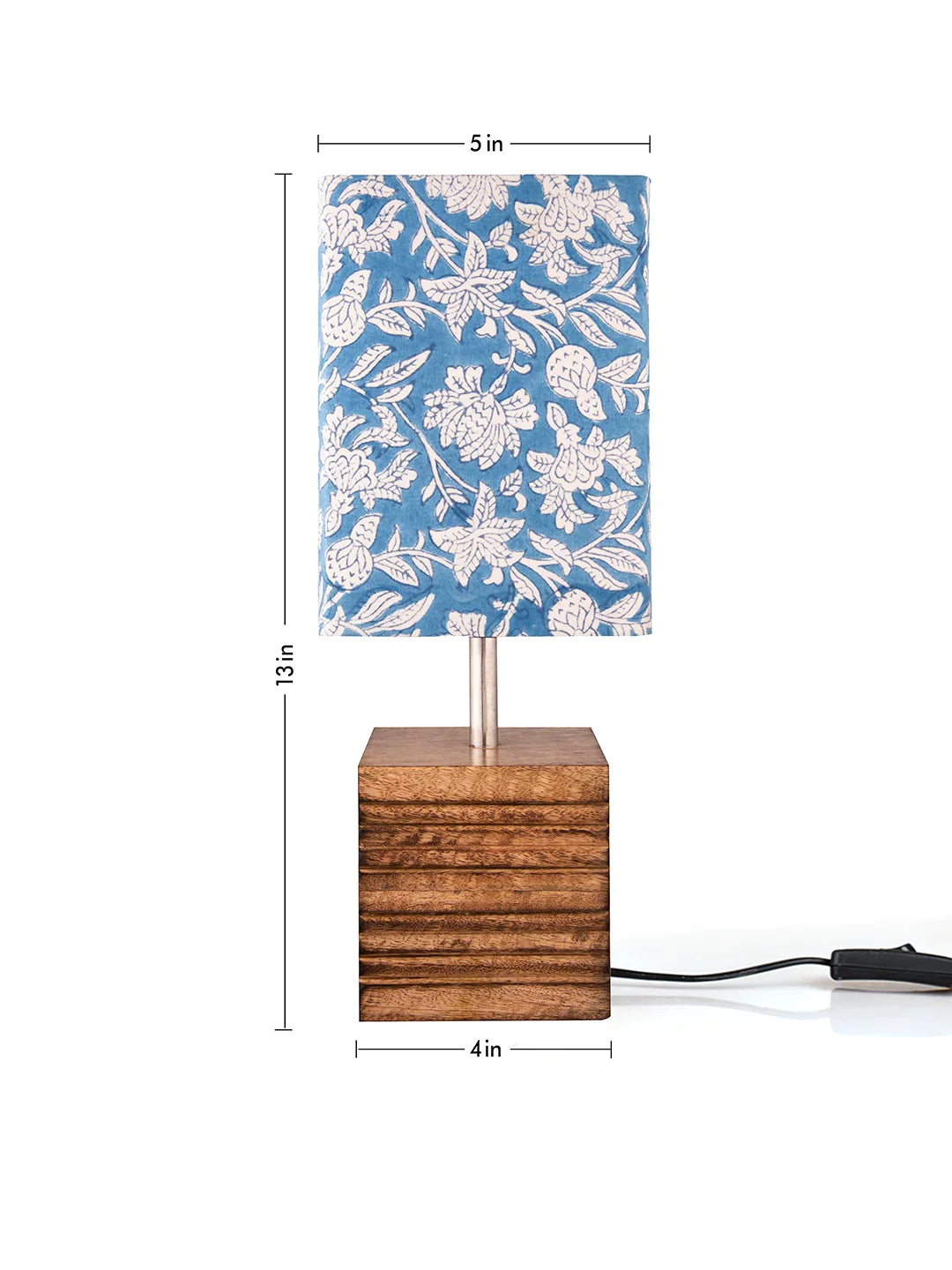 Wooden Stripped Cube Lamp with Colorful Blue Shade