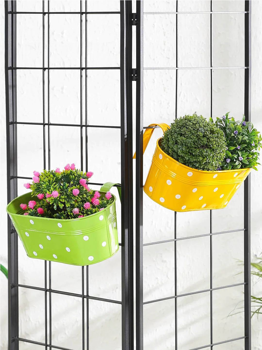 Set of two Polka Dot Oval Railling Planter Big Yellow & Green 12 Inches 