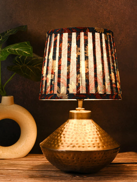 Golden Hammered Urn Lamp with Pleeted Multicolor Blue Shade