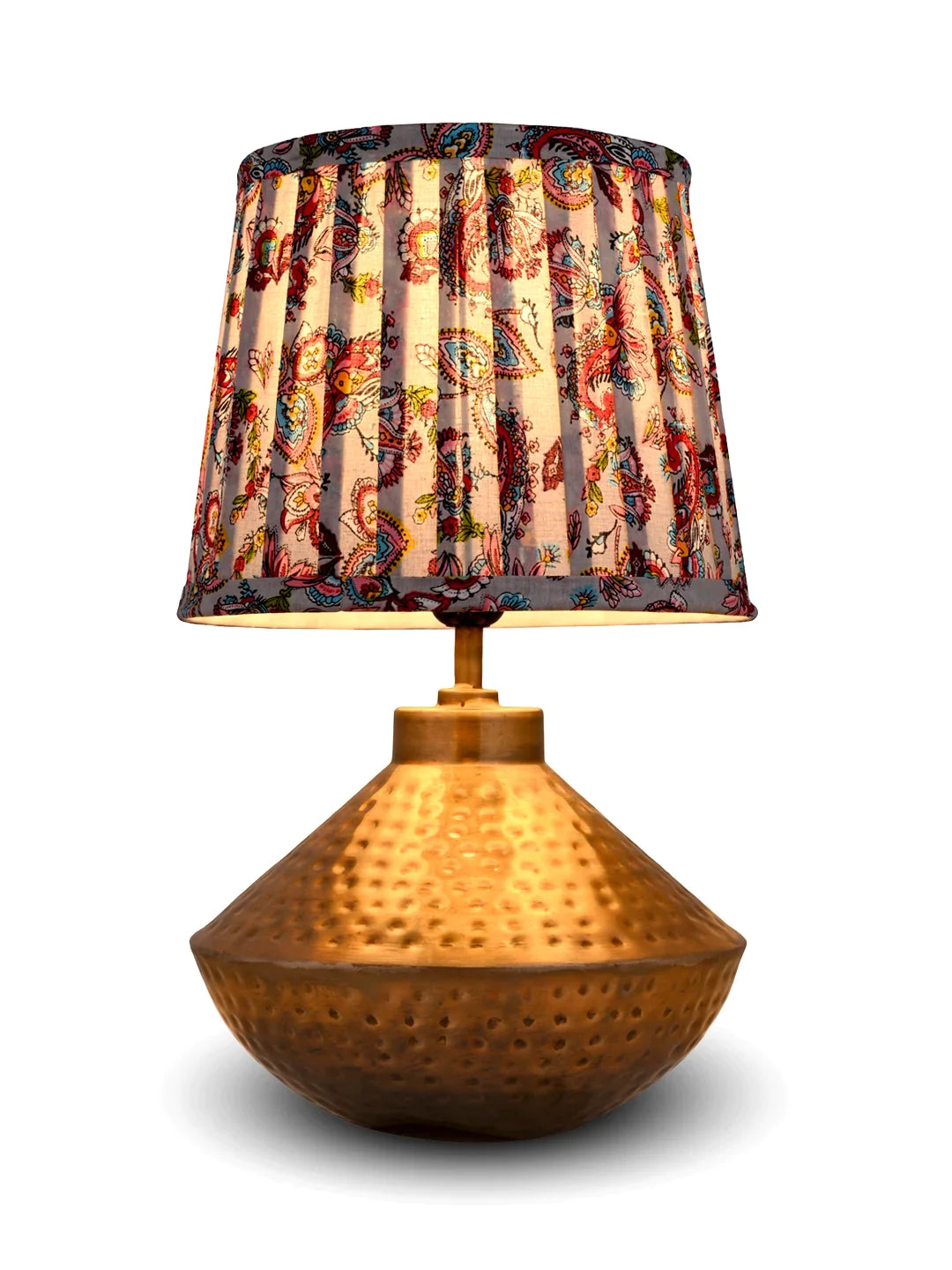 Golden Hammered Urn Lamp with Pleeted Multicolor Red Shade