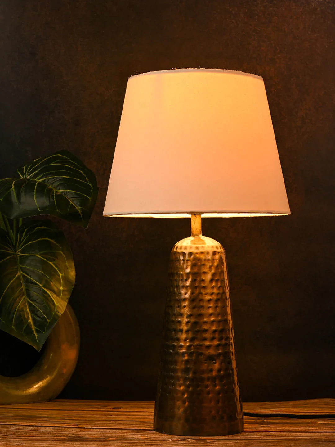 Golden Hammered V-Shaped Lamp with Taper Solid White Shade