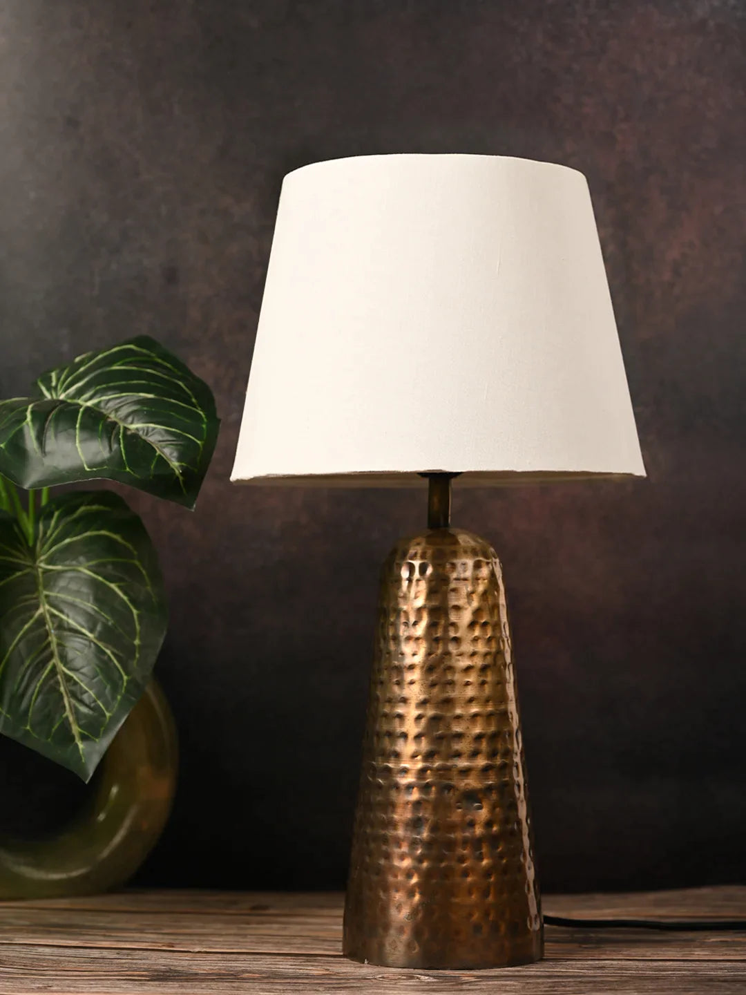 Golden Hammered V-Shaped Lamp with Taper Solid White Shade