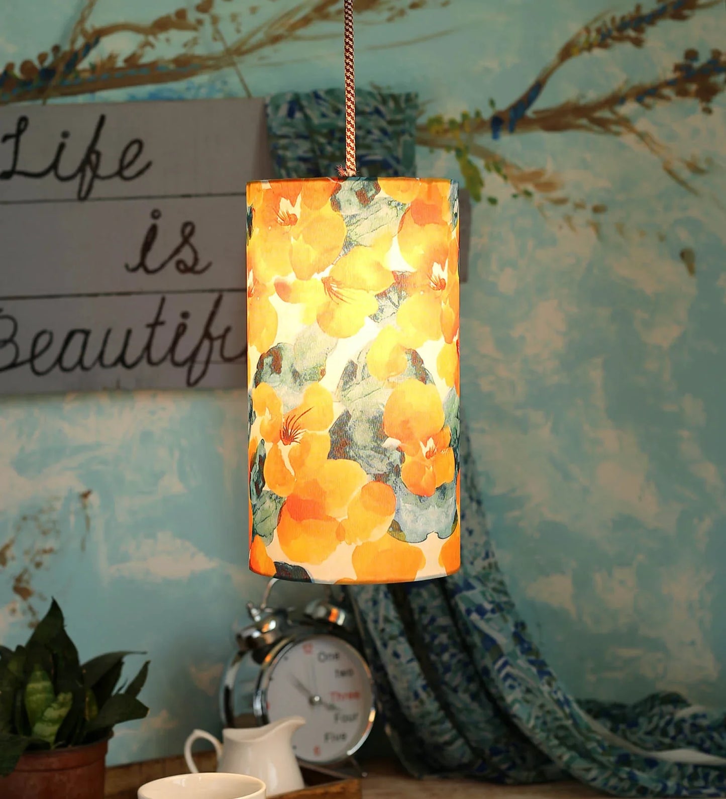 Orange Flowers Cylindrical Hanging Shade