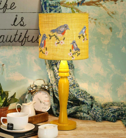 Wooden Yellow Lamp with Embroided Blue Birds Jute Lamp Shade