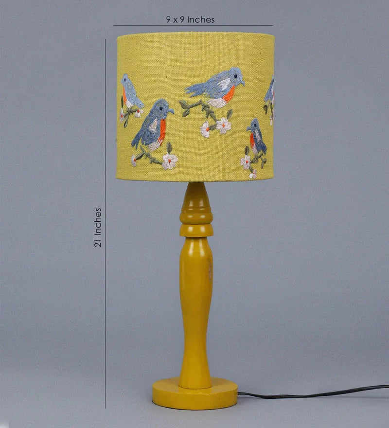 Wooden Yellow Lamp with Embroided Blue Birds Jute Lamp Shade
