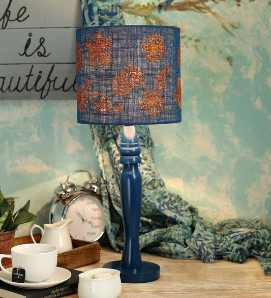 Wooden Blue Lamp with Embroided Ambi Motif Jute Lamp Shade