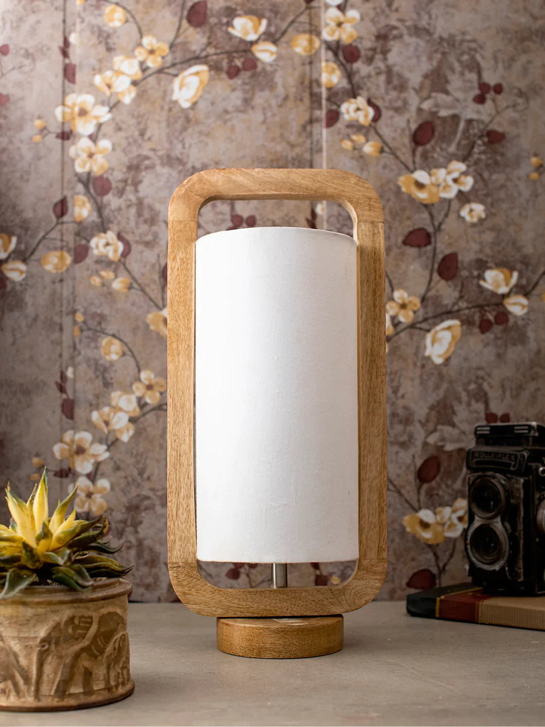 Wooden Lantern Lamp with White Cotton Shade