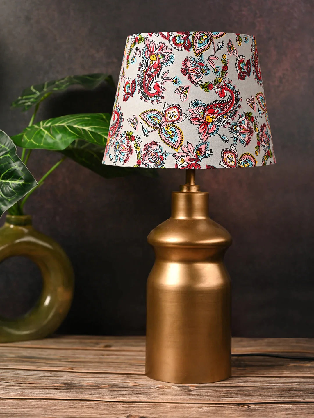 Golden Metal Urn Shaped Lamp with Taper Multicolor Red Shade