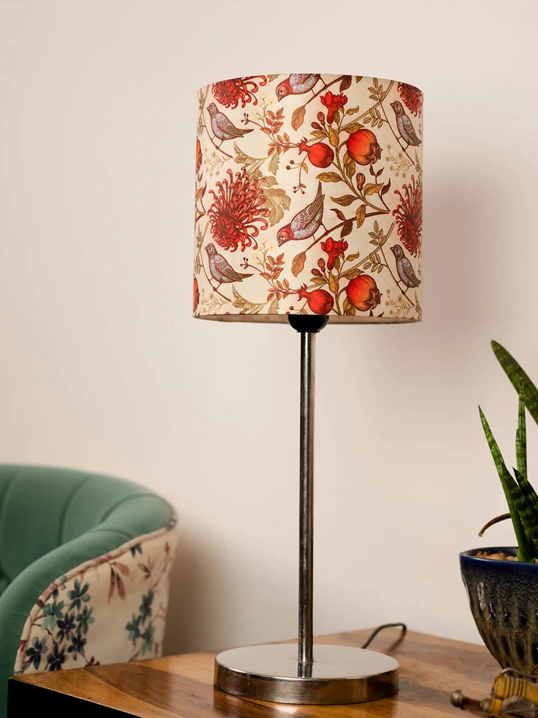 Metal Chrome Finish Lamp with Multicolor Birdy Shade