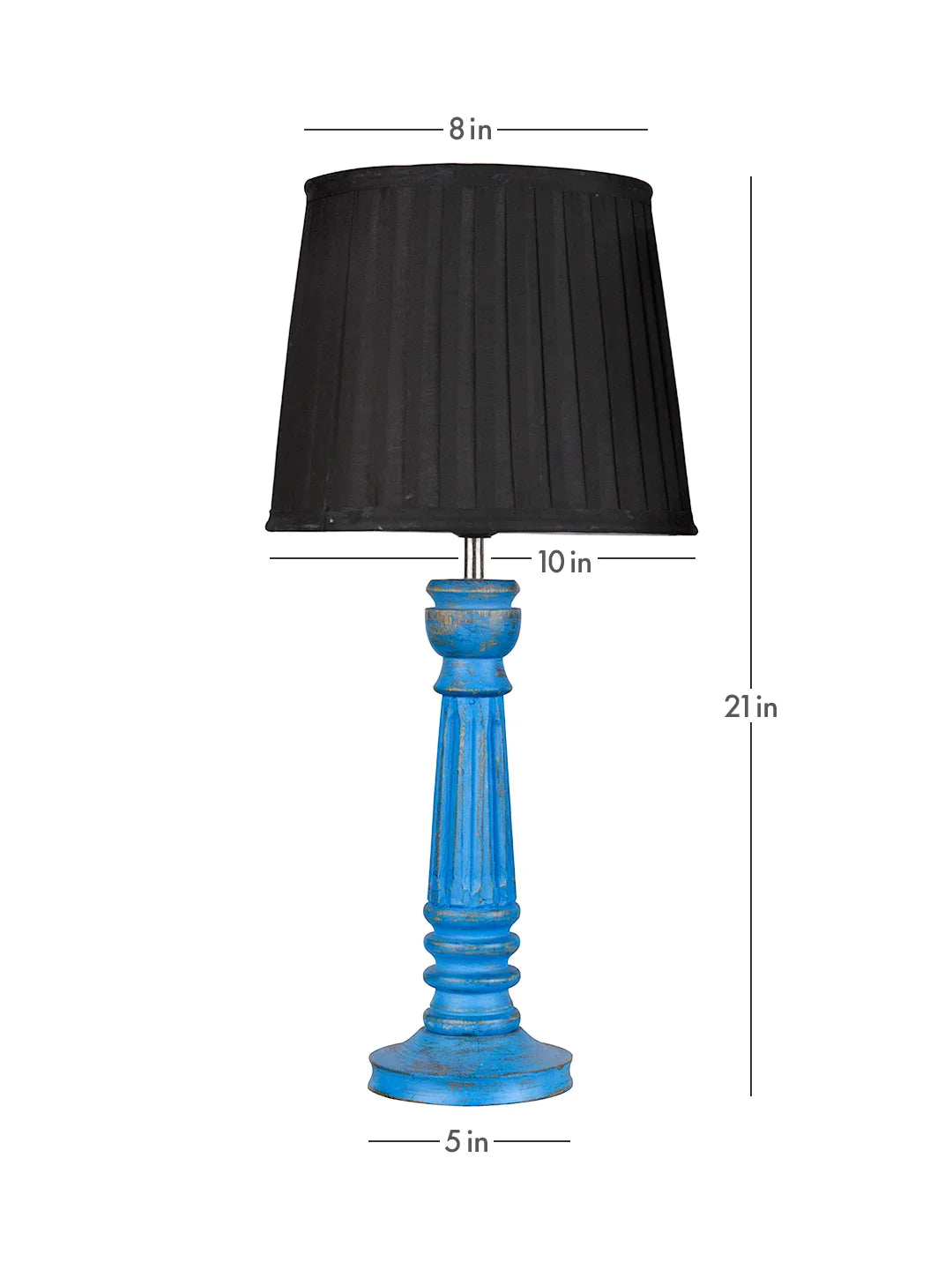 Wooden Pillar Blue lamp with pleeted Black Soft Shade