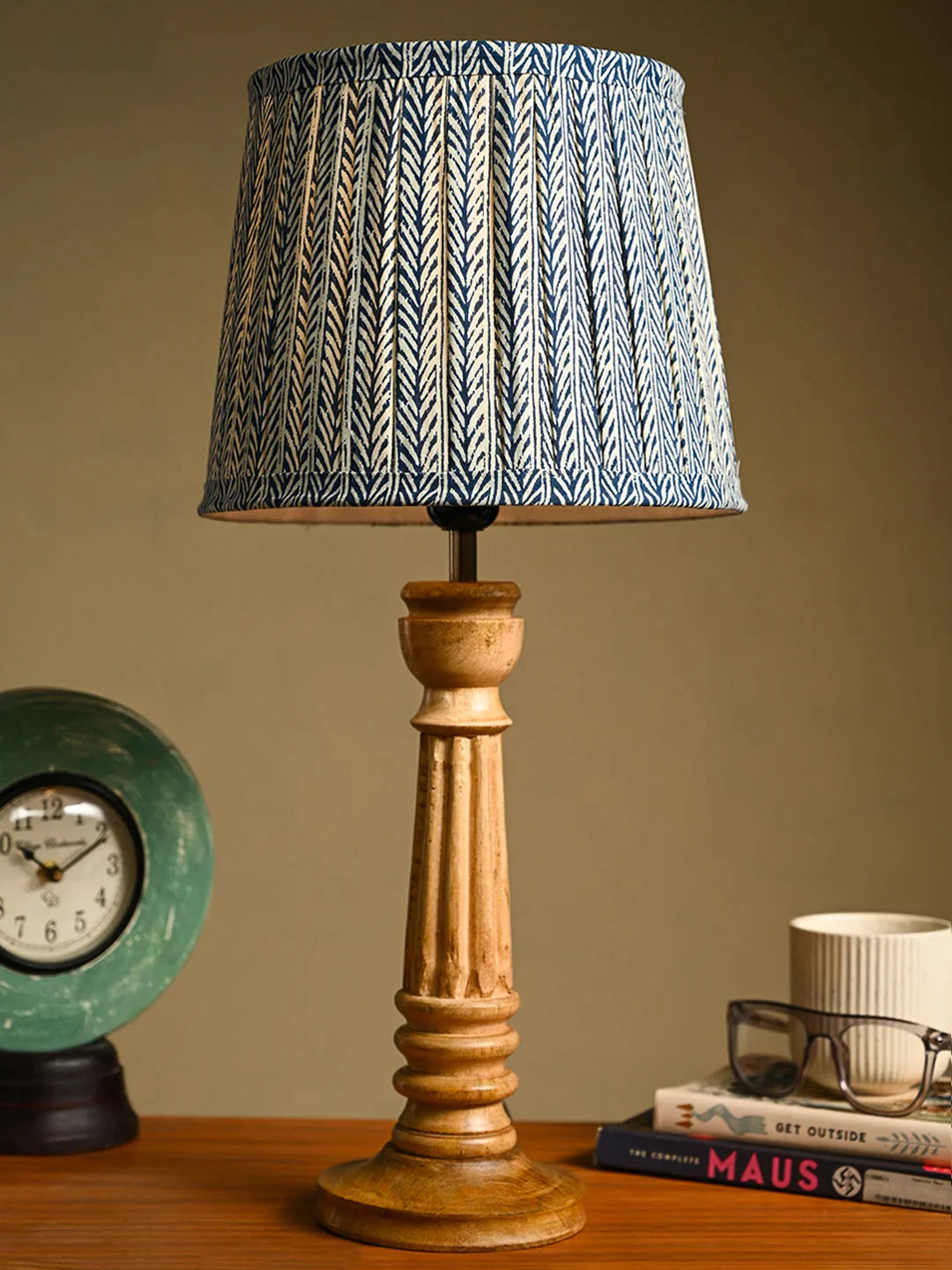 Wooden Pillar Brown Lamp with Pleeted Multicolor Grey Shade