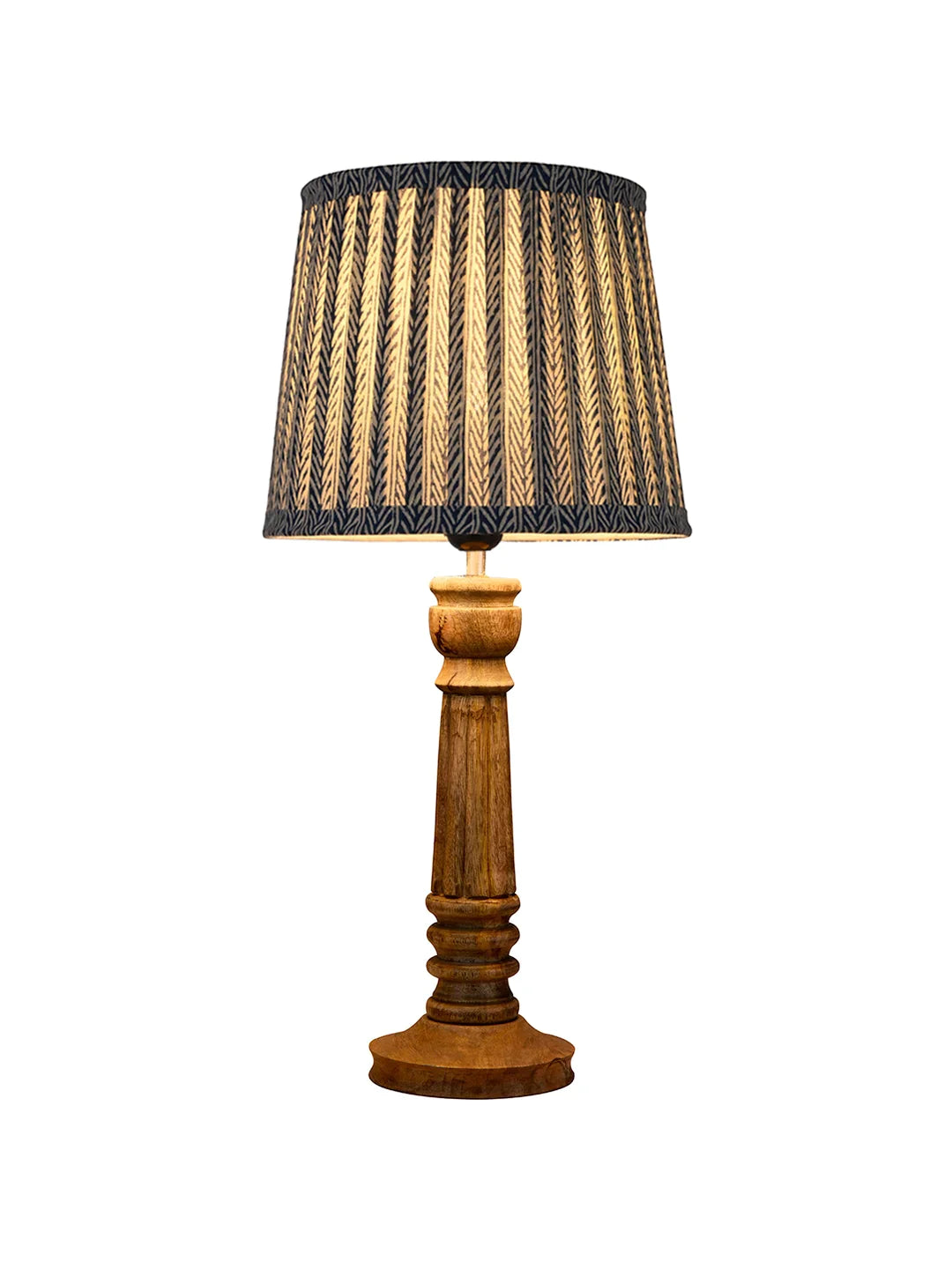 Wooden Pillar Brown Lamp with Pleeted Multicolor Grey Shade