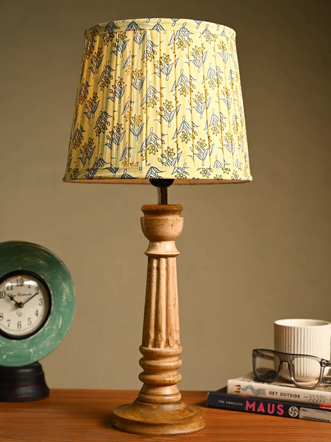 Wooden Pillar Brown Lamp with Pleeted Multicolor Lemon Shade