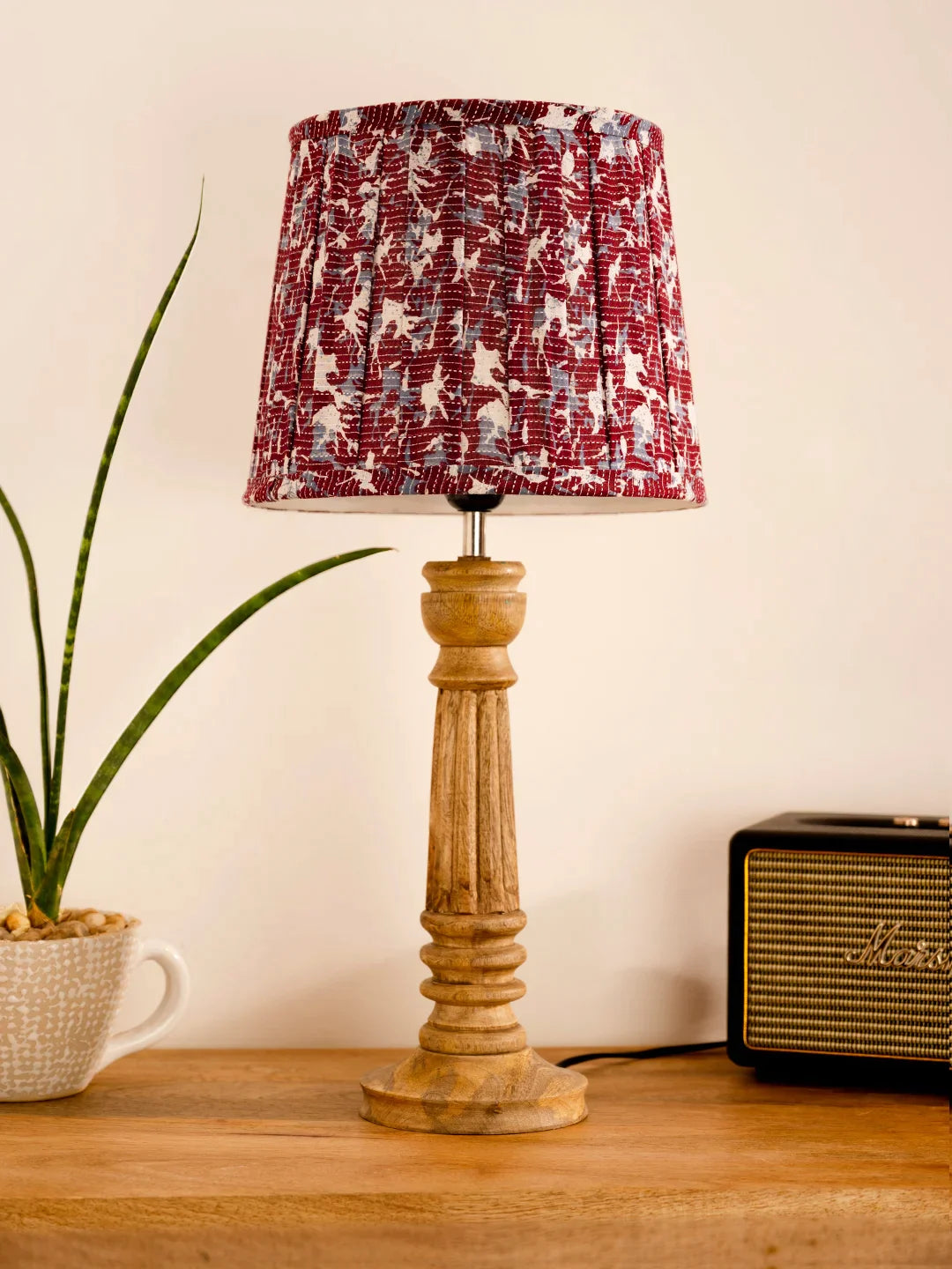 Wooden Pillar Brown lamp with pleeted Colorful Soft Shade