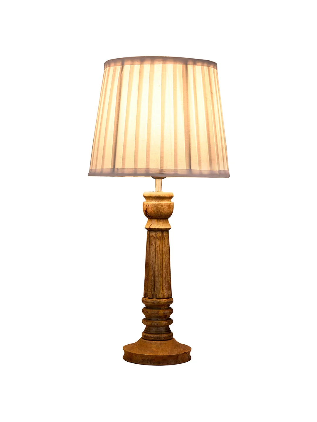 Wooden Pillar Brown lamp with pleeted White Soft Shade
