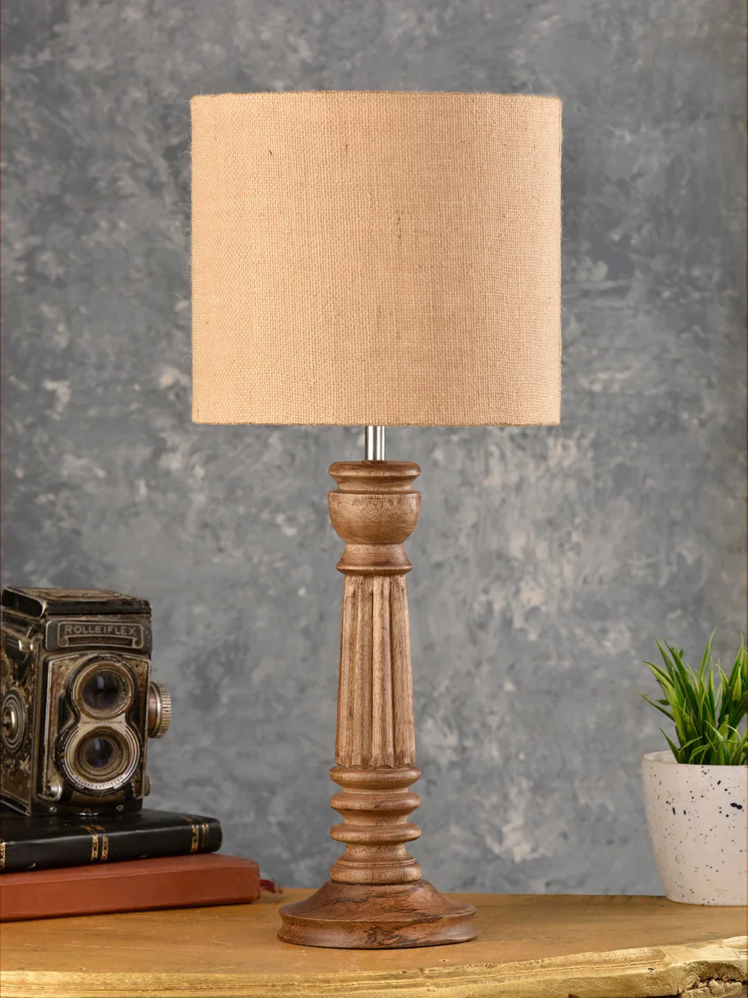 Green girgit Pillar Brown Lamp with Brown Jute Shade