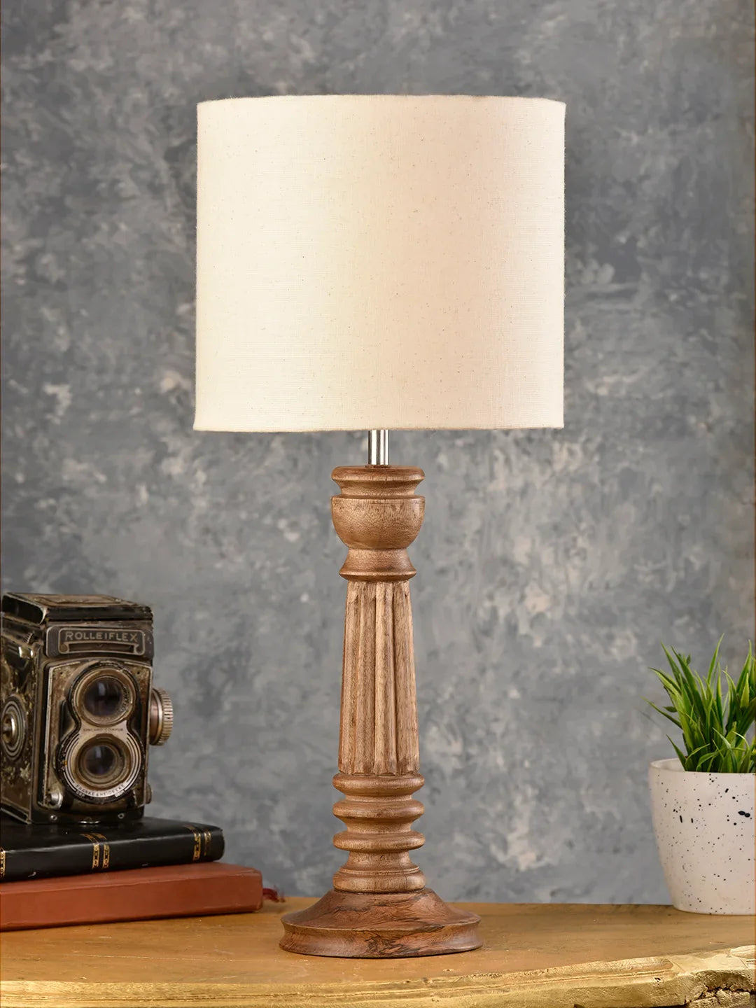 Green girgit Pillar Brown Lamp with White Cotton Shade