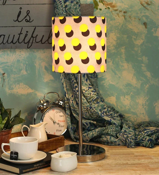 Metal Chrome Finish Lamp with Multicolor Yellow Polka Lamp Shade