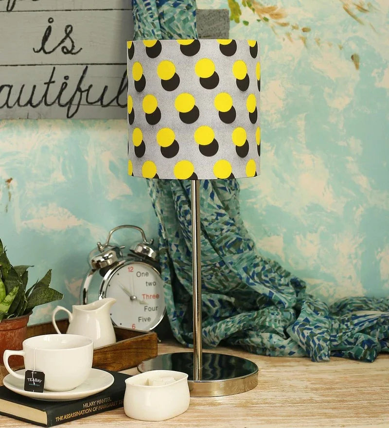 Metal Chrome Finish Lamp with Multicolor Yellow Polka Lamp Shade