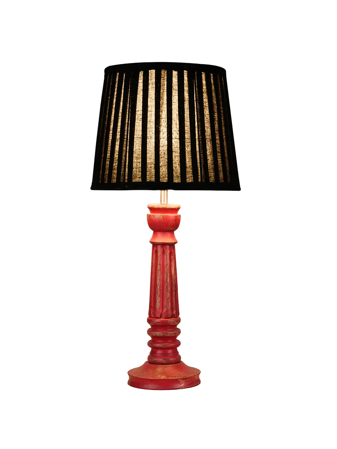 Wooden Pillar Pink lamp with pleeted Black Soft Shade