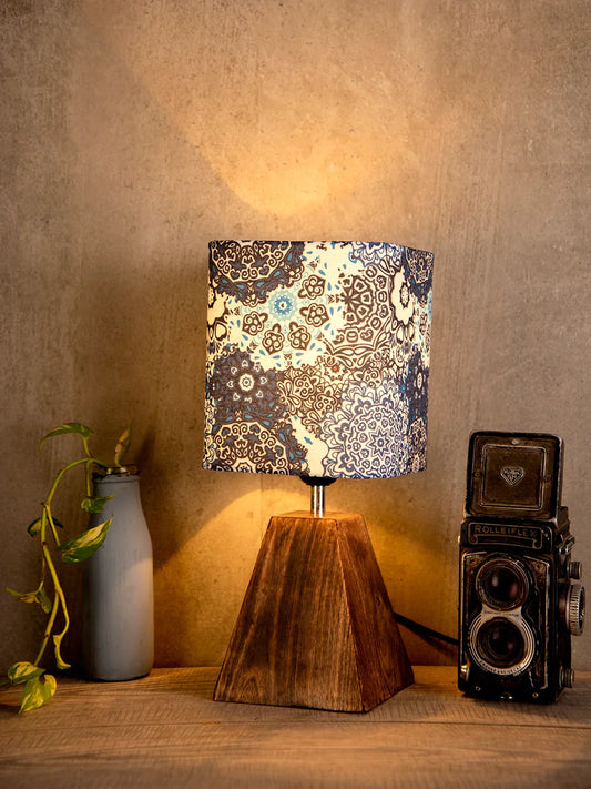Wooden Pyramid Lamp with Blue Batik Lamp Shade