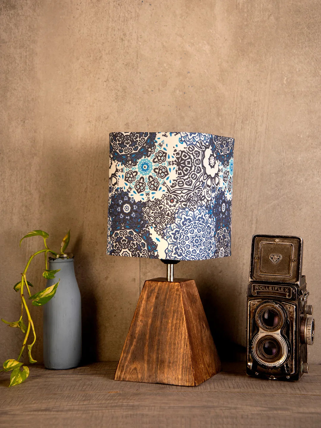 Wooden Pyramid Lamp with Blue Batik Lamp Shade