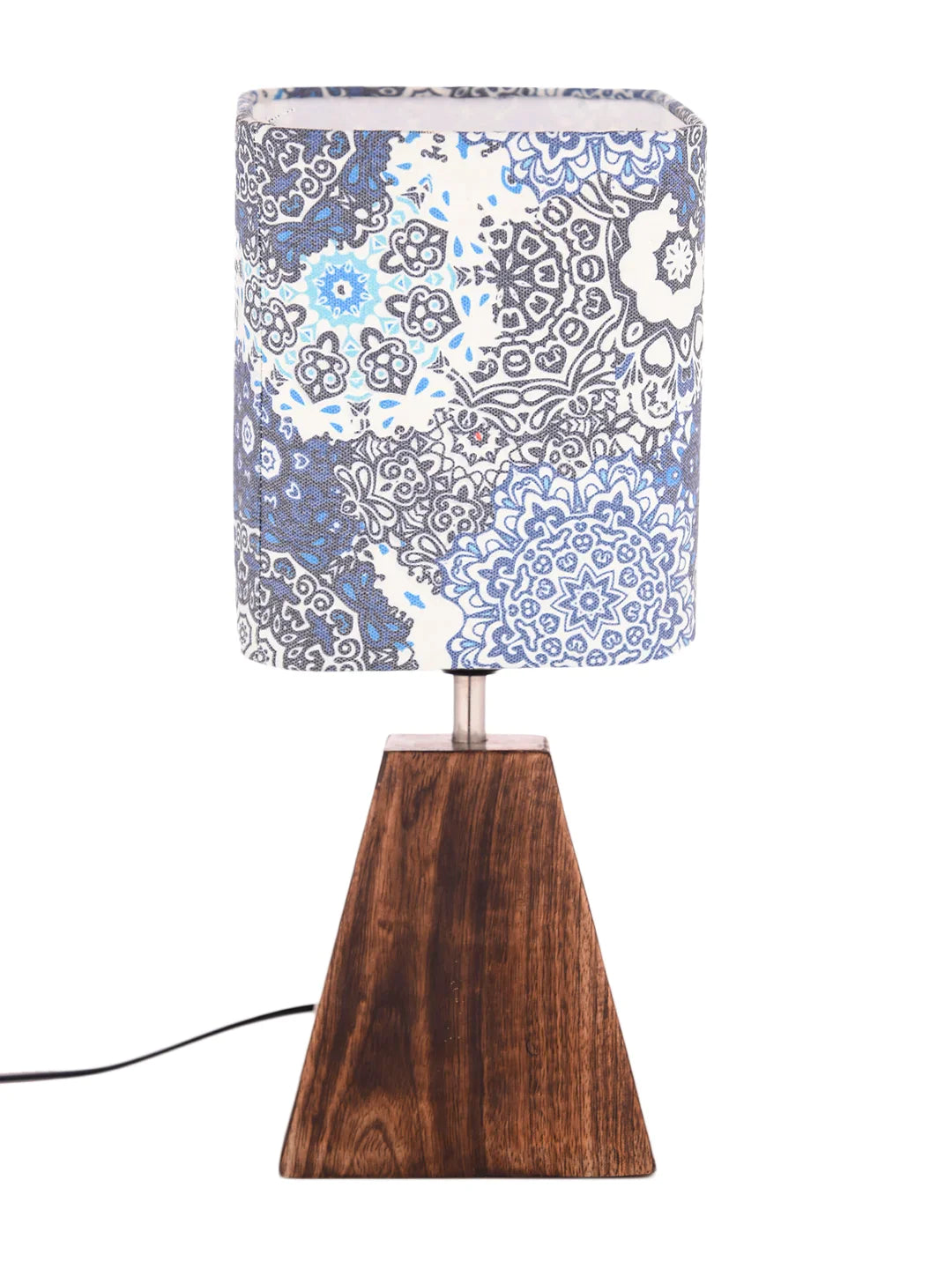Wooden Pyramid Lamp with Blue Batik Lamp Shade