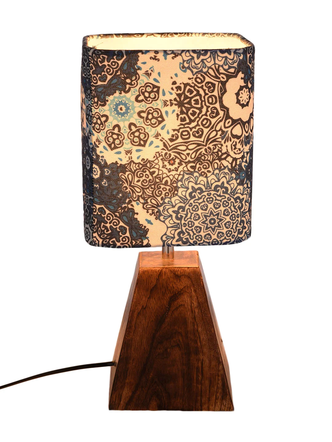 Wooden Pyramid Lamp with Blue Batik Lamp Shade