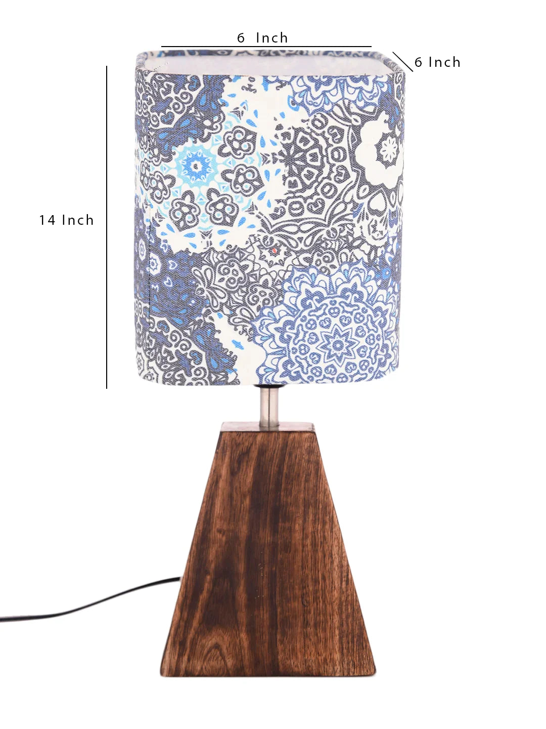 Wooden Pyramid Lamp with Blue Batik Lamp Shade